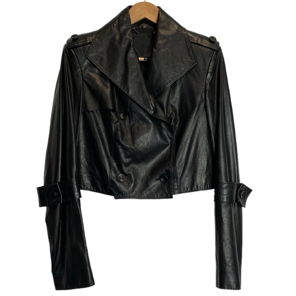 RACHEL Rachel Roy Black Cropped Leather Double-Breasted Jacket